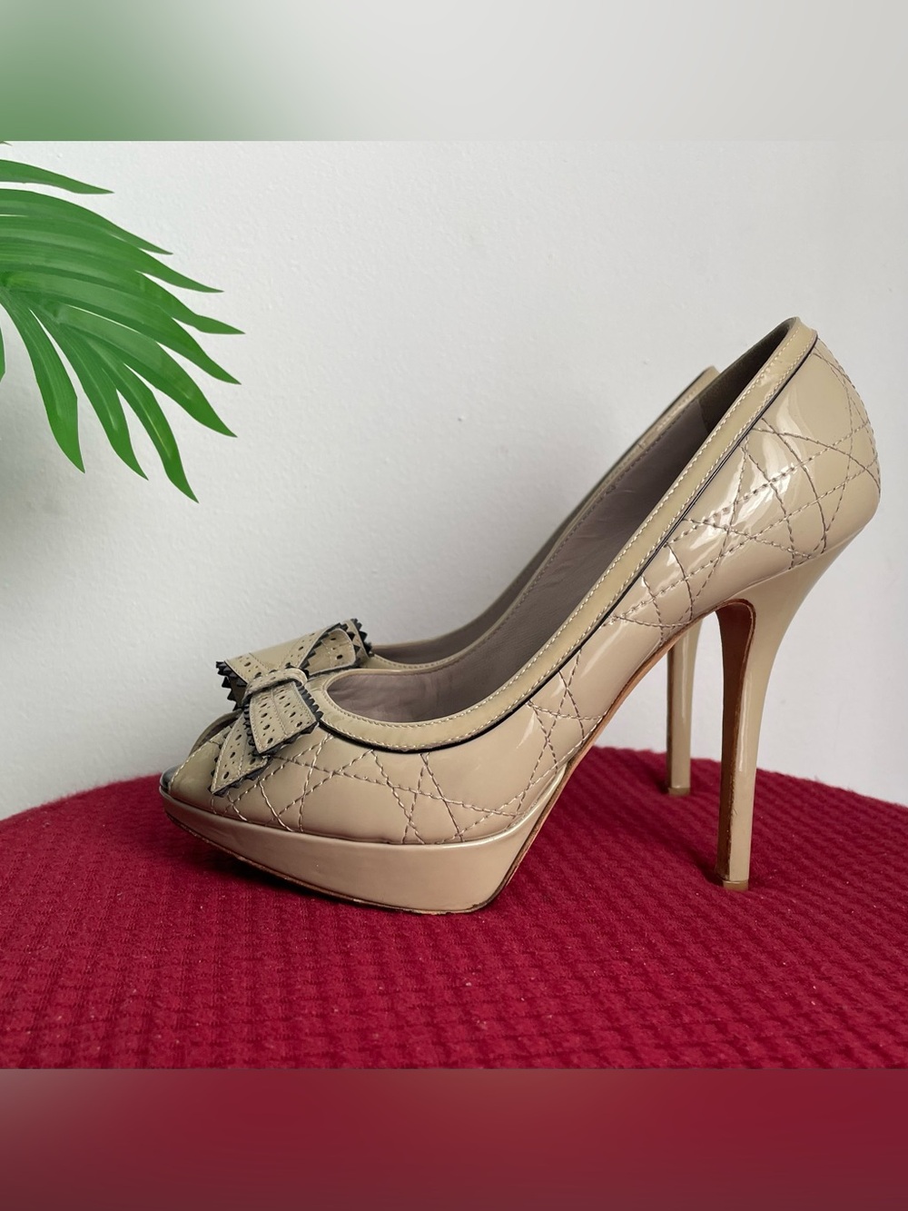Dior Cream Peep-Toe Pumps with Black Patent Bow Accent